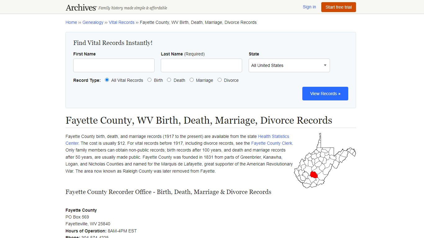 Fayette County, WV Birth, Death, Marriage, Divorce Records